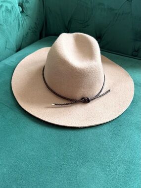 Massimo Dutti Beige Wide-Brim Felt Hat with Braided Brown Band